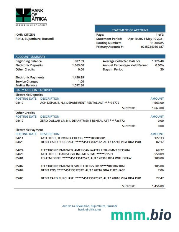 Wyciąg bankowy Burundi Bank Of Africa Excel i szablon PDF (AutoSum)